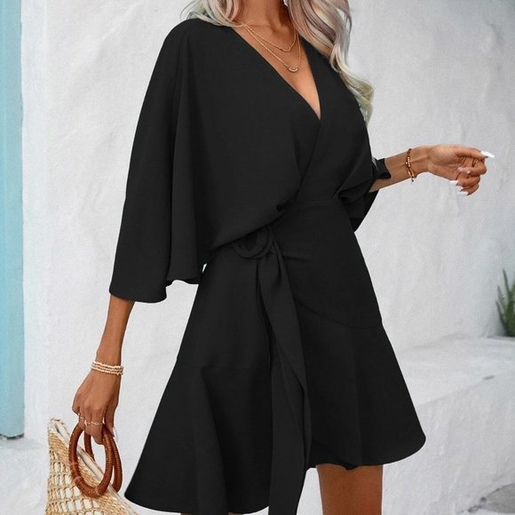 . Dresses & Skirts - Black Boho Womens Batwing Sleeve Ruffle Hem Wrap Knot Side Dress